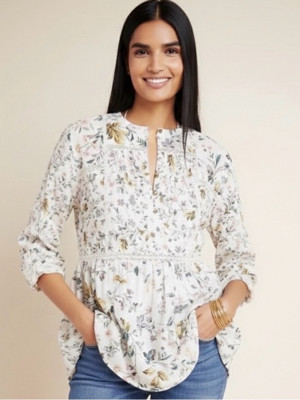 Anthropologie Ginevra Floral Lace Babydoll Blouse Boho Cotton Top Size S